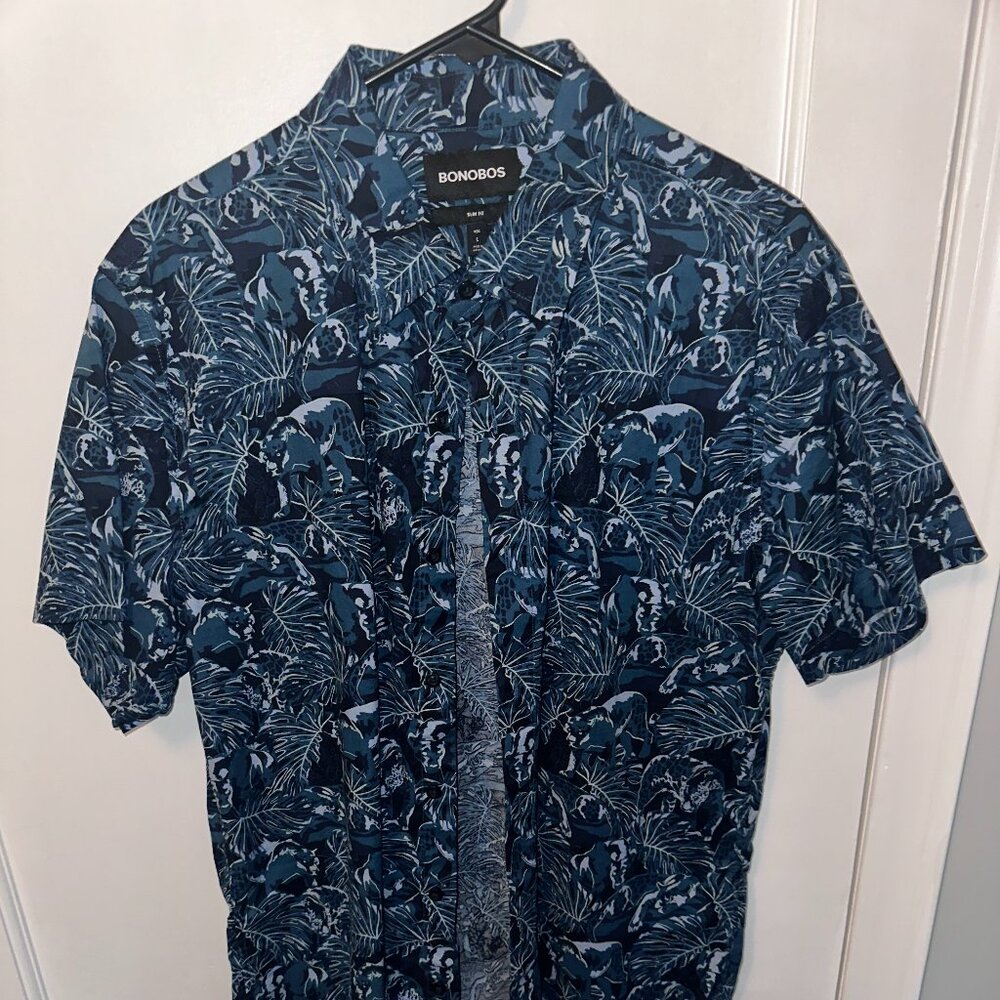 Bonobos Blue Floral Casual Button Down Short Sleeve Shirt - Men's Large Slim Fit